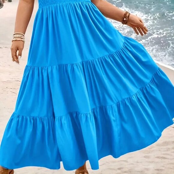 Women's Plus Size Elegant One Shoulder Blue Vacation Summer Swing Dress 18W - Picture 2 of 8